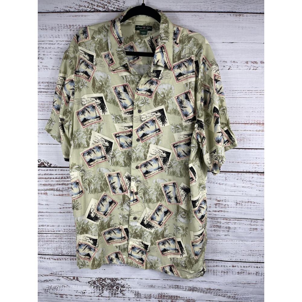 David Taylor Shirt Men's XL Green Palm Trees Hawaiian Rayon Beach Vacation Print